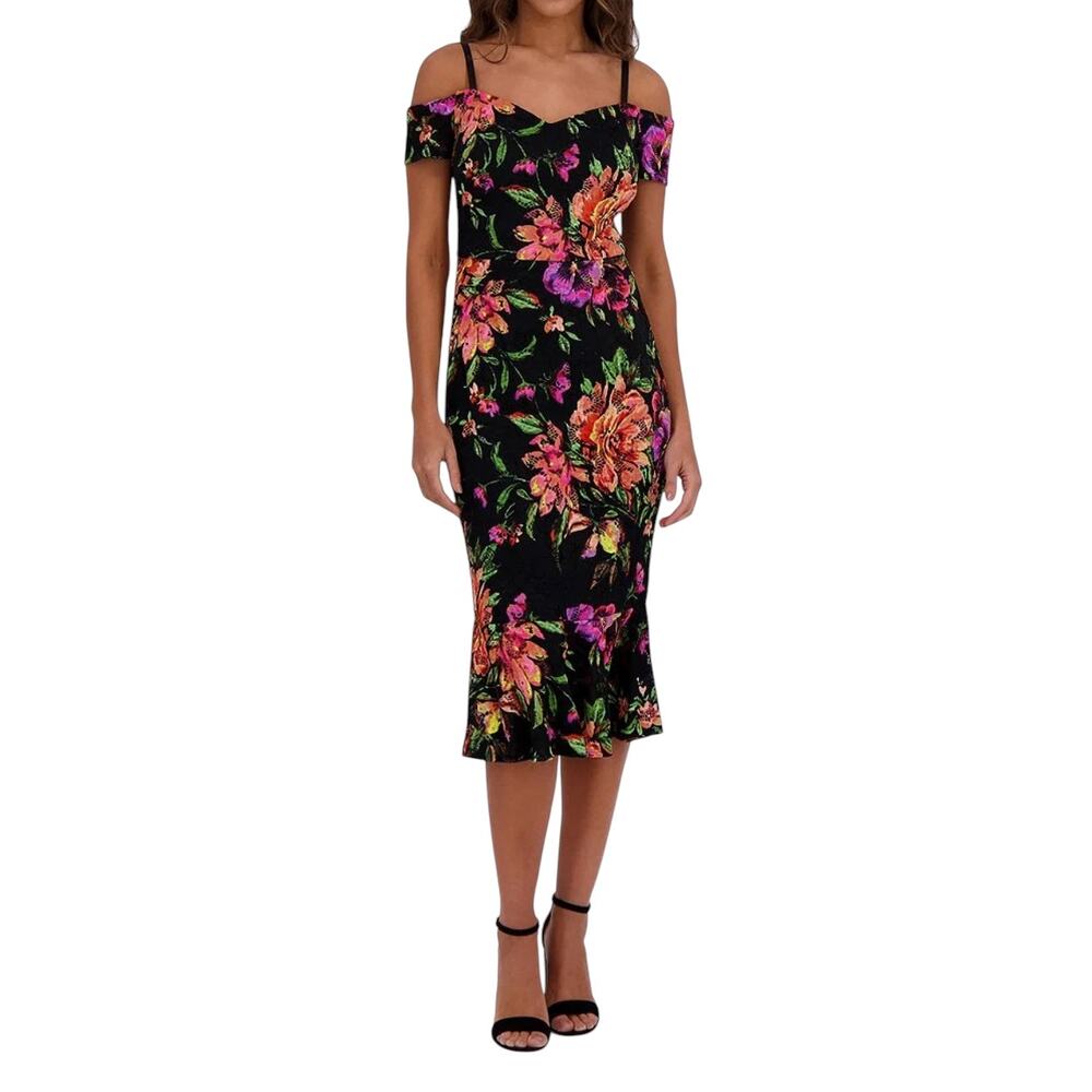 SIENA Lace Floral Print Off-The-Shoulder Neck Short Sleeve Sheath Midi Dress 10